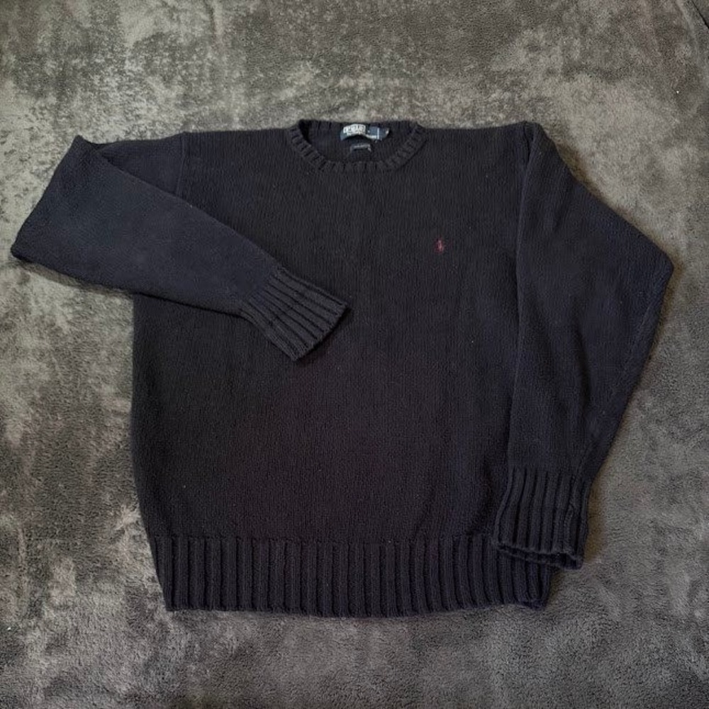 Polo Ralph Lauren Mens Navy Blue 100% Cotton Crewneck Sweater Red Pony Logo M